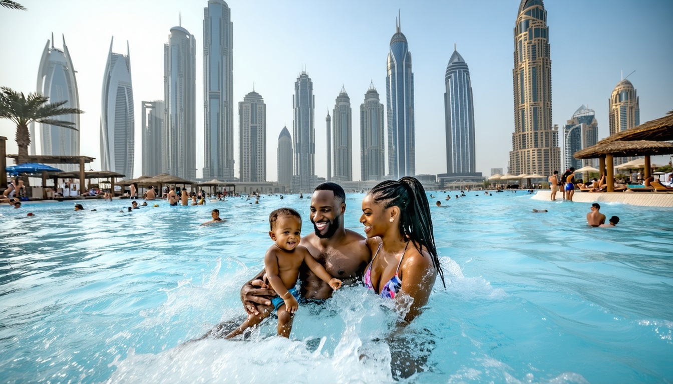 Family enjoying wave pool with Dubai skyline view