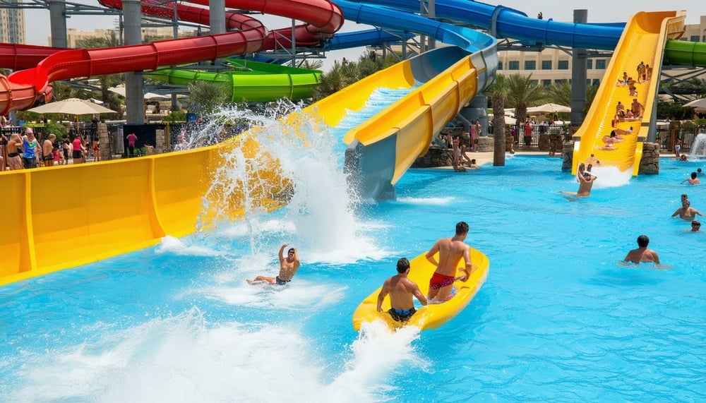 Visitors enjoying water slides and pools at Water Park Dubai Visitors enjoying water slides and pools at Water Park Dubai